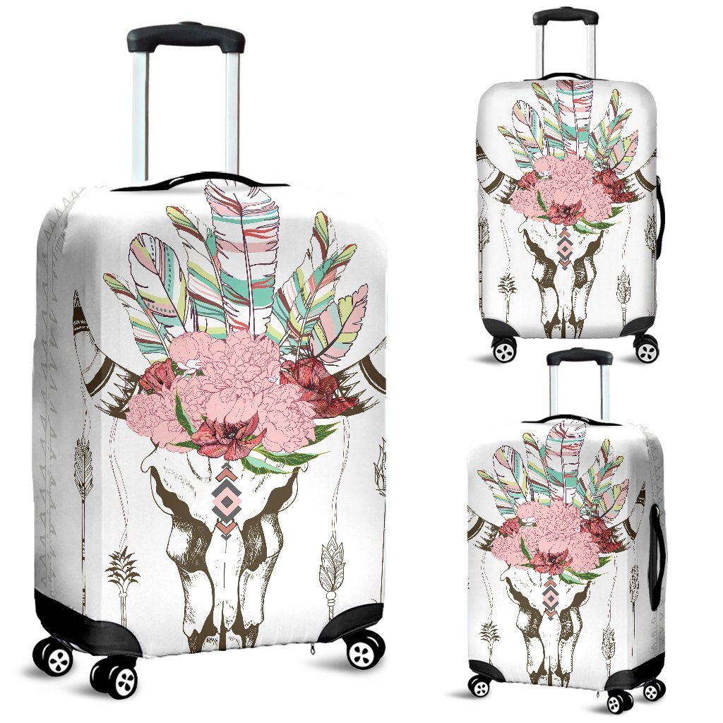 Awesome Hoodied COW SKULL, FEATHERS, ARROWS AND FLOWERS Luggage Cover For Everyone KHCSFAAF