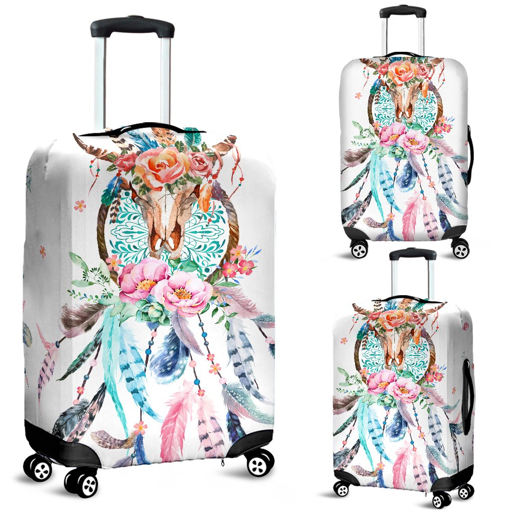 Awesome Hoodied Cow Skull, Flowers And Dreamcatcher Luggage Cover For Everyone KHCSFAD