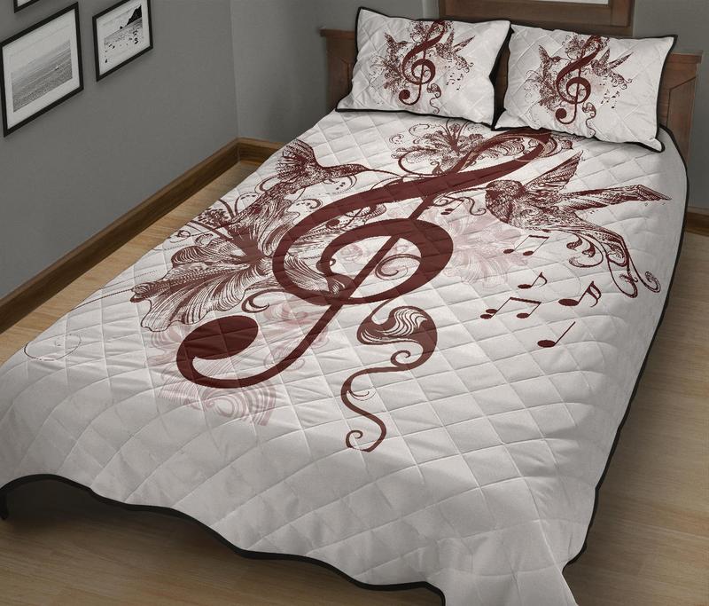 Awesome Hoodied Treble Clef And Hummingbirds Quilt Bed Set White-Brown DCB007