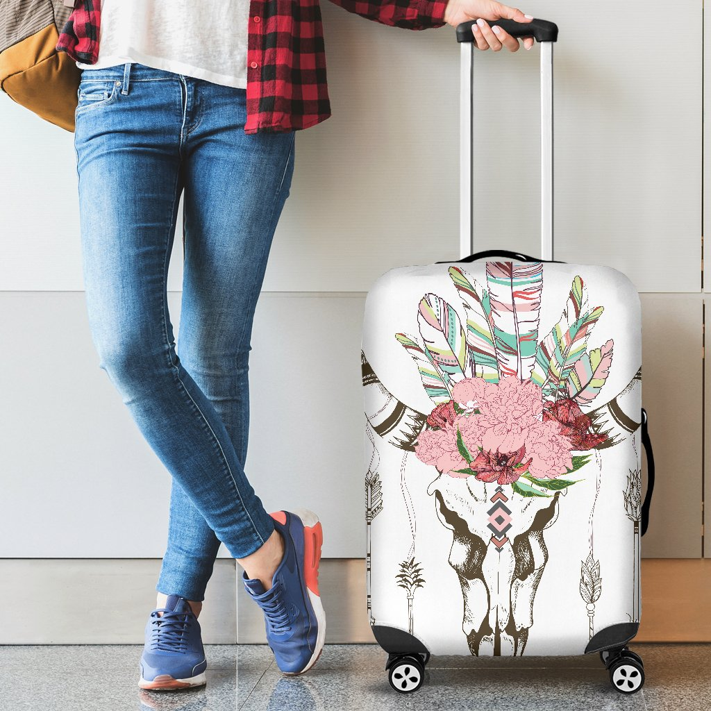 Awesome Hoodied COW SKULL, FEATHERS, ARROWS AND FLOWERS Luggage Cover For Everyone KHCSFAAF
