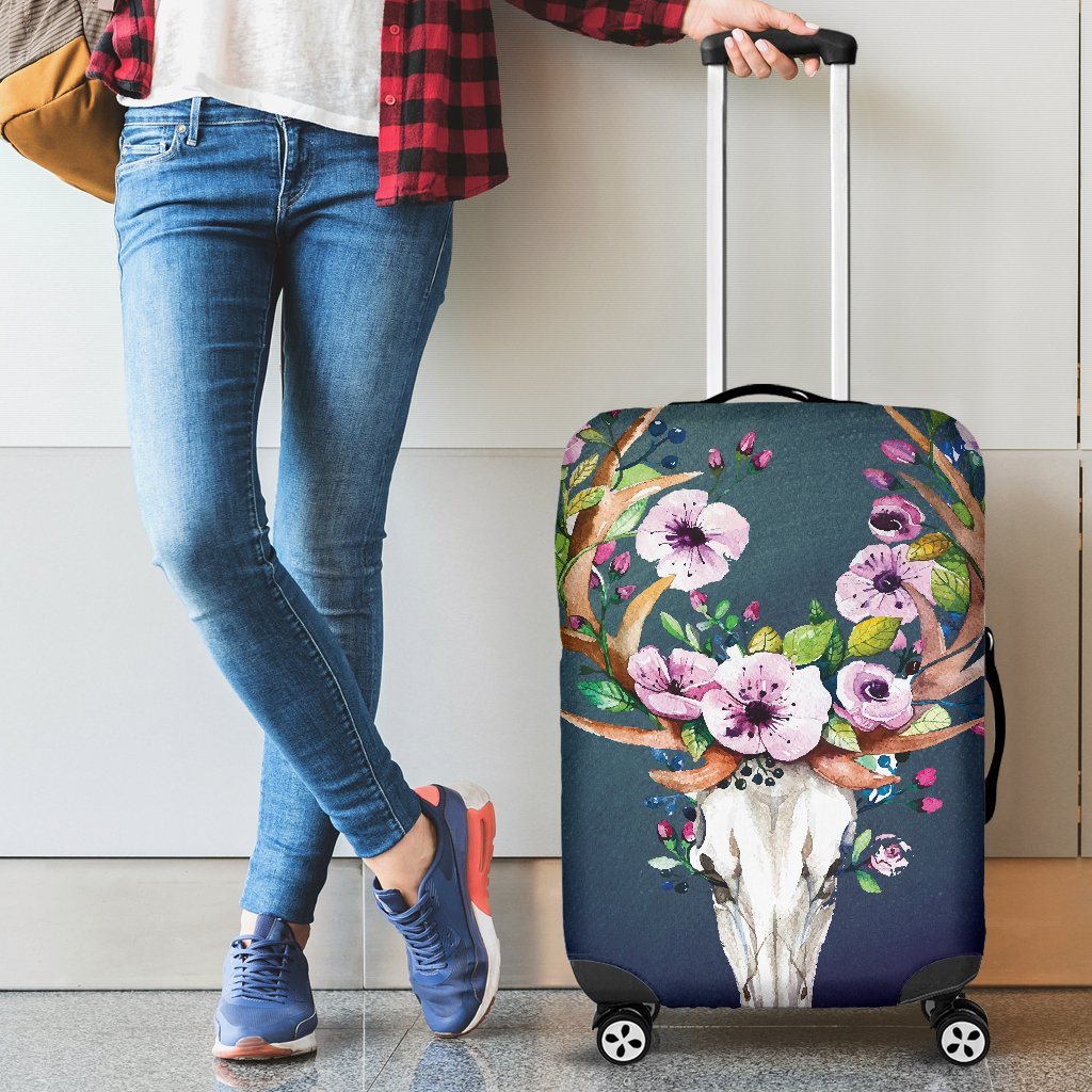 Awesome Hoodied Deer Skull And Flowers Luggage Cover For Everyone KHDSF