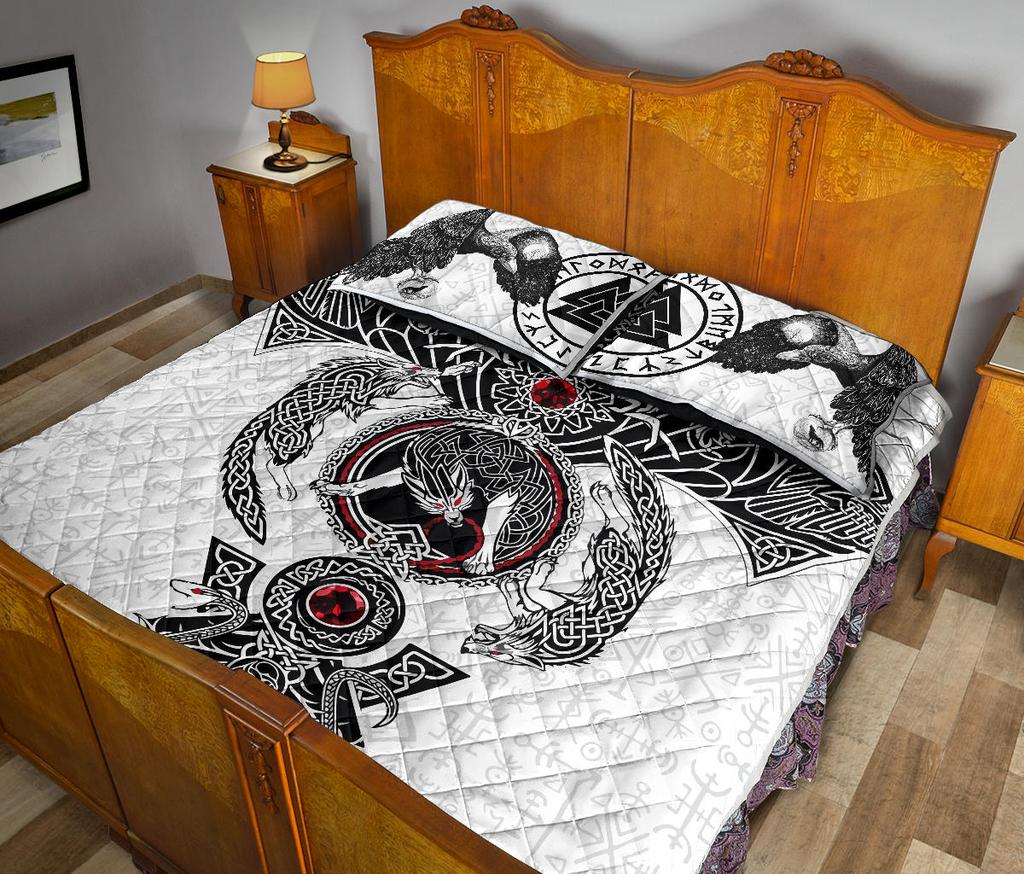 Awesome Hoodied Viking Quilt Bed Set White, Odin's Ravens Fenrir Skoll And Hati Valknut-VNBD0001