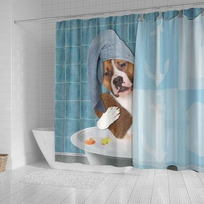Awesome hoodied Pit Bull Takes A Shower Curtains Printed 3D Grommet Curtains - NQC0011