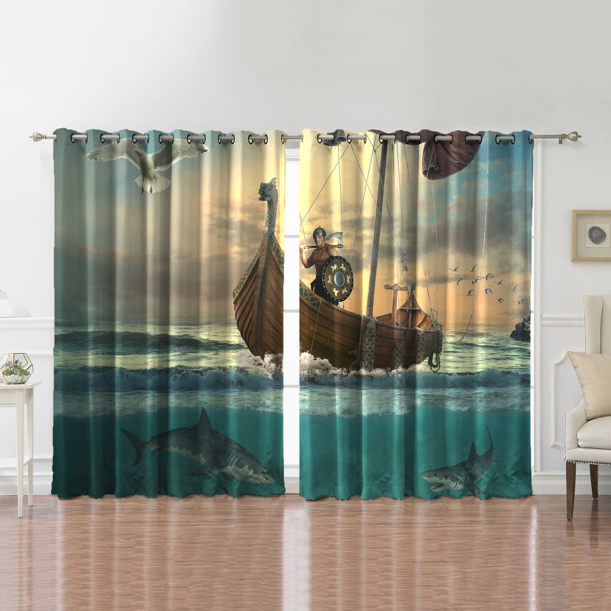 Awesome hoodied Viking Warrior Printed 3D Grommet Window Curtains - HB00063
