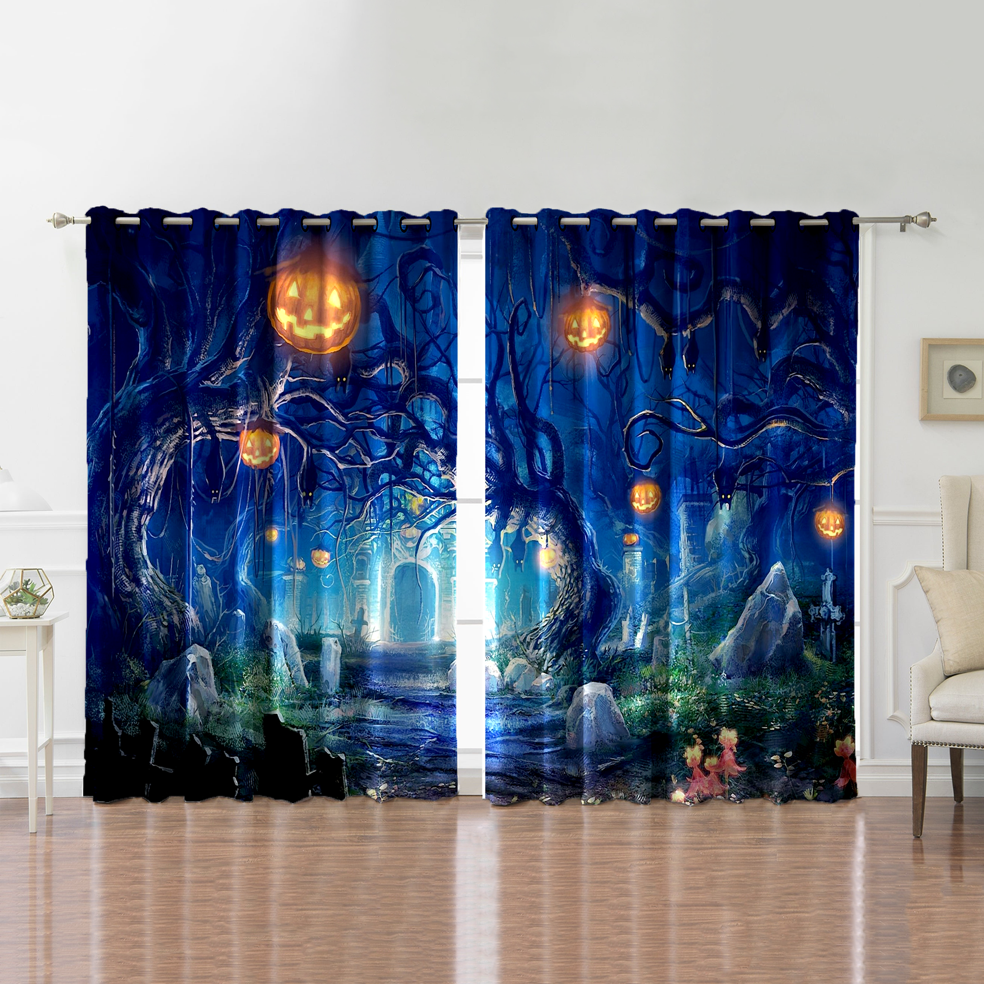 Awesome hoodied Pattern Halloween All Printed 3D Grommet Window Curtains- HD95