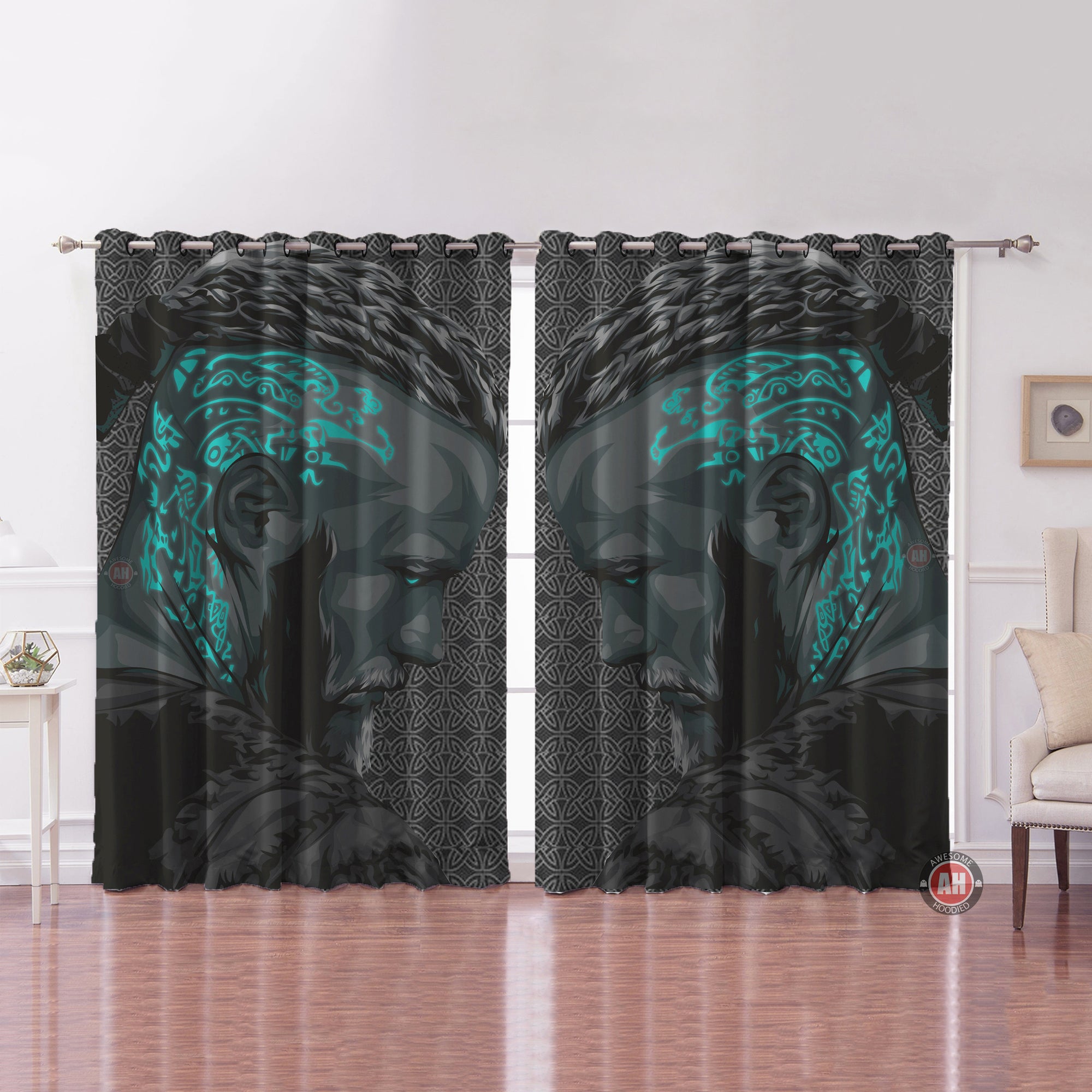 Awesome hoodied Viking Warrior Pattern Printed 3D Grommet Window Curtains - HB00098