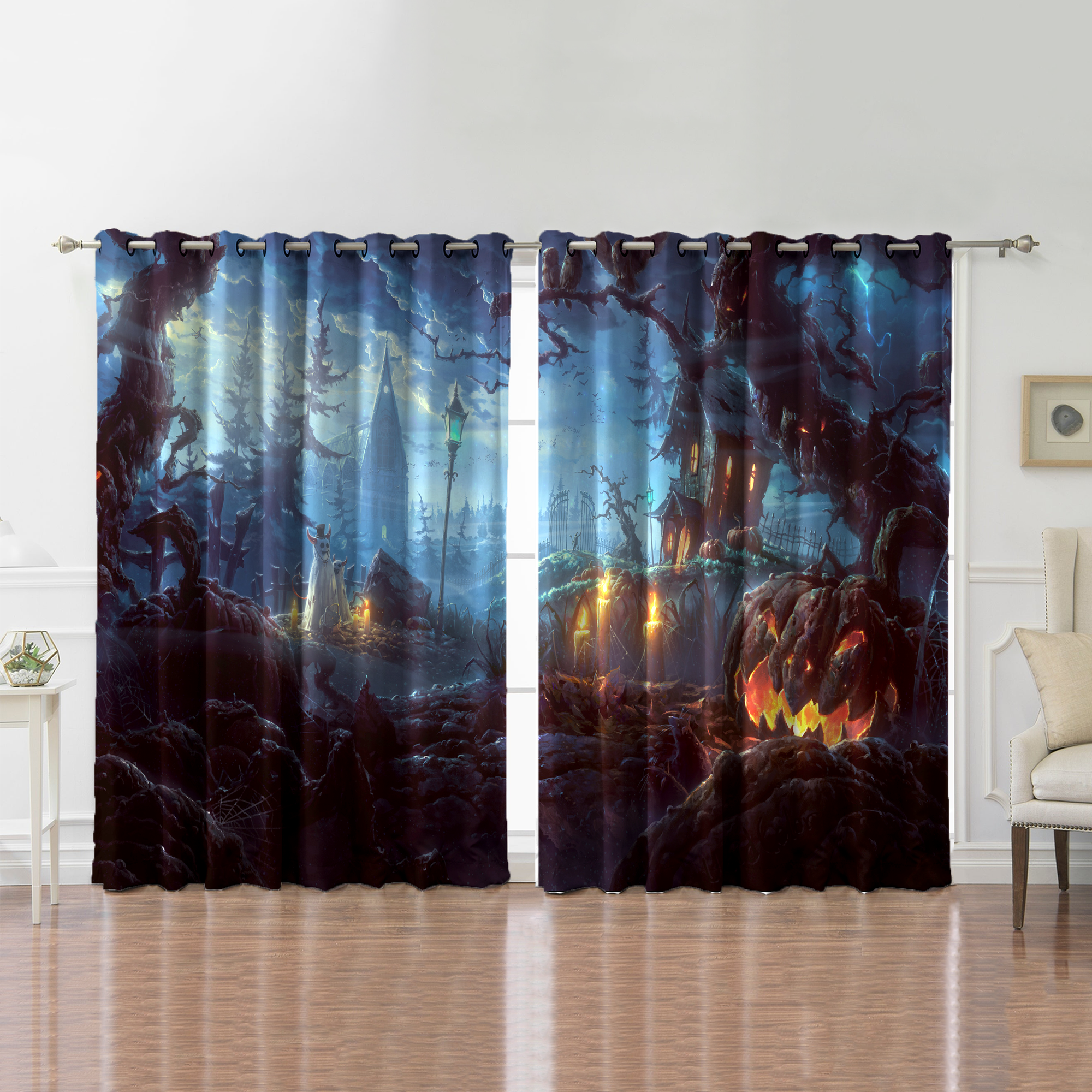 Awesome hoodied Pattern Halloween All Printed 3D Grommet Window Curtains- HD97