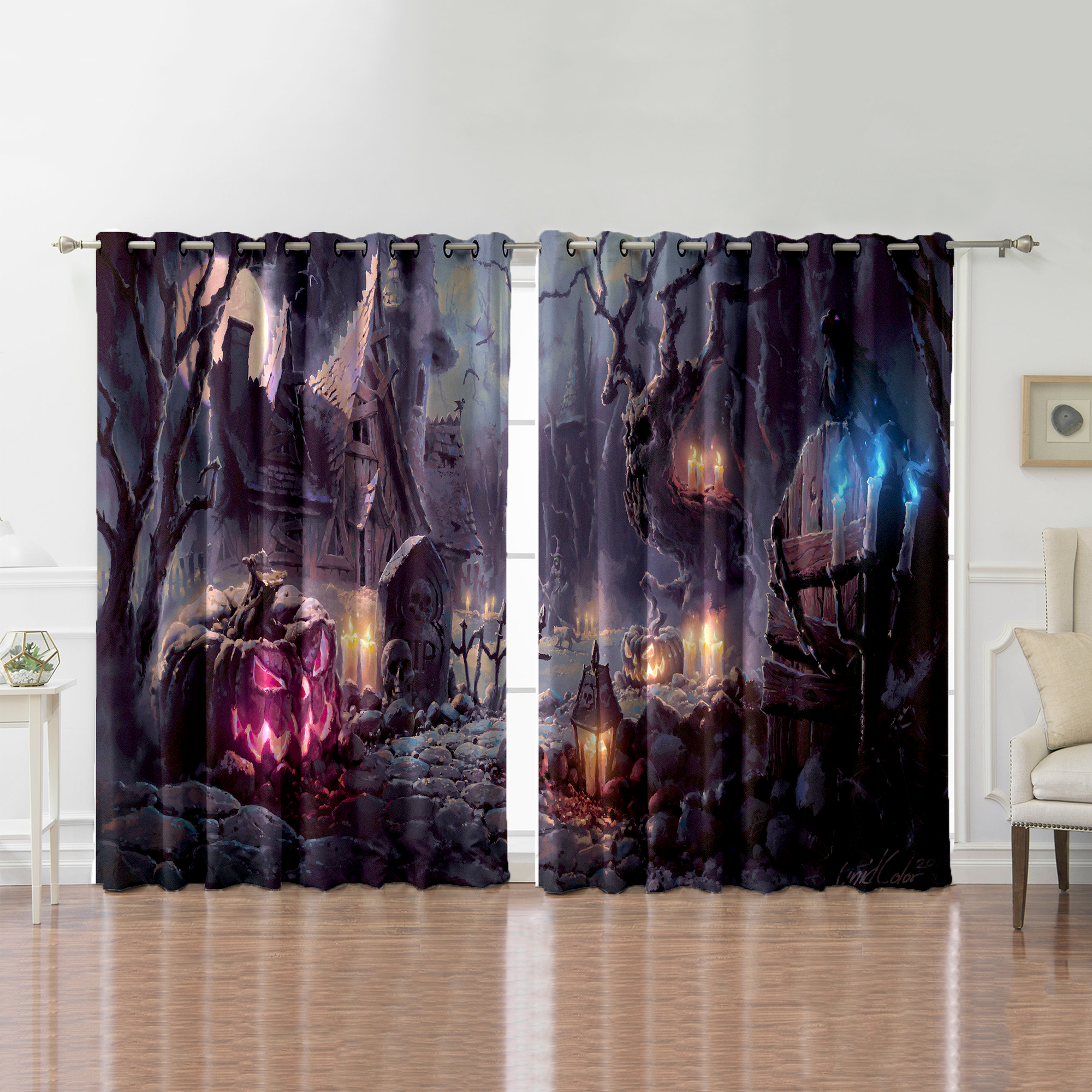 Awesome hoodied Pattern Halloween All Printed 3D Grommet Window Curtains- HD96