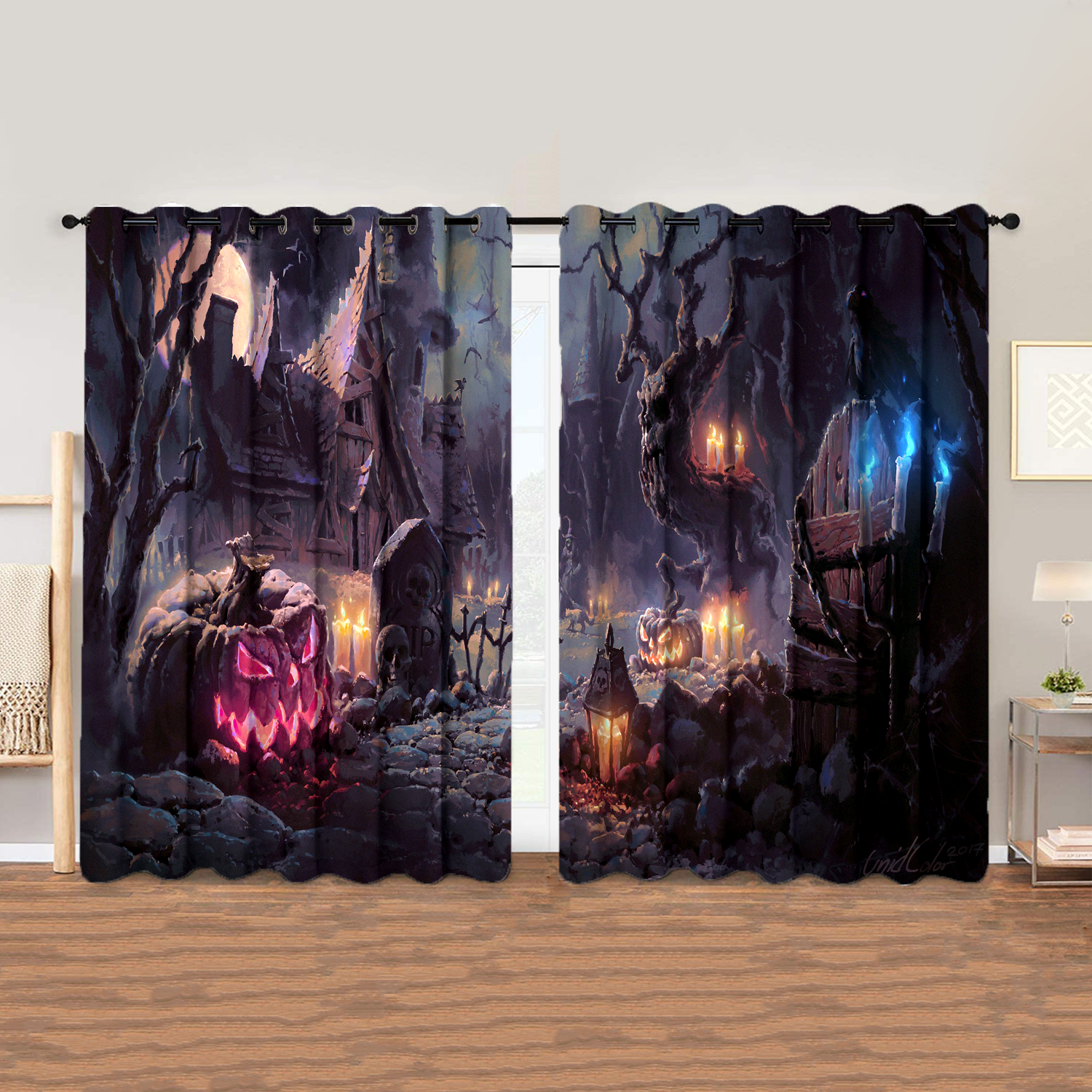 Awesome hoodied Pattern Halloween All Printed 3D Grommet Window Curtains- HD96