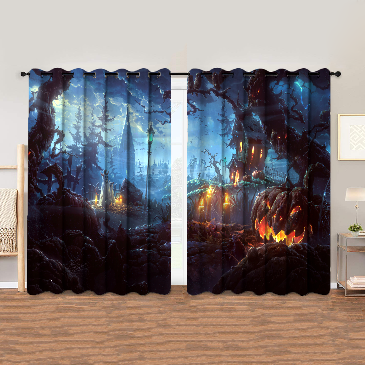 Awesome hoodied Pattern Halloween All Printed 3D Grommet Window Curtains- HD97