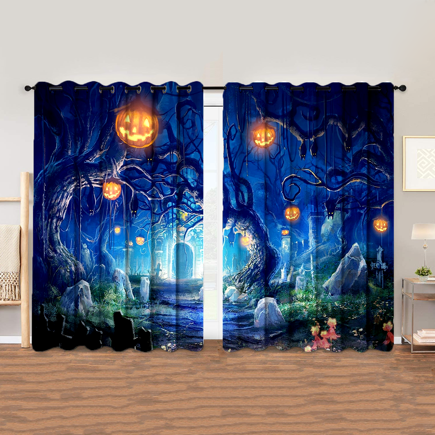 Awesome hoodied Pattern Halloween All Printed 3D Grommet Window Curtains- HD95