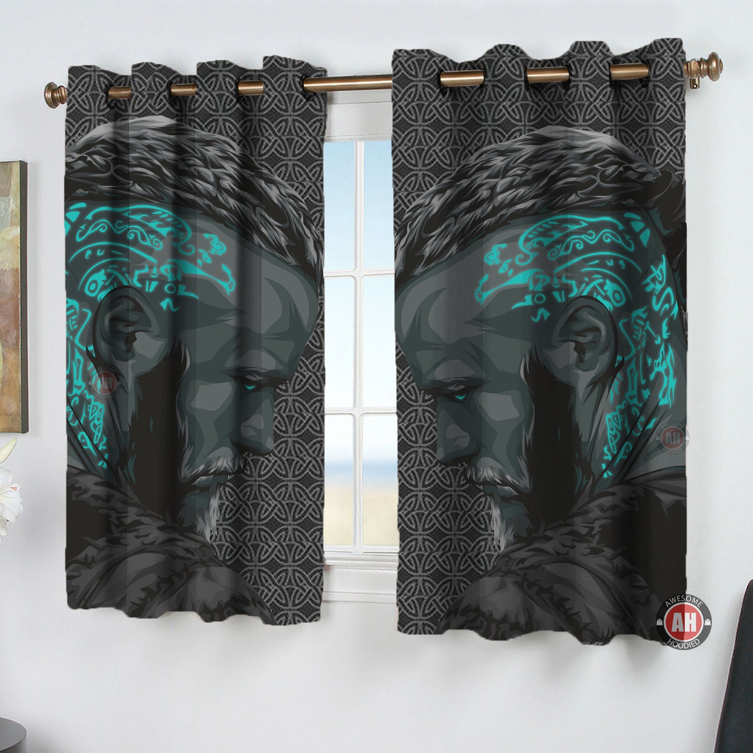 Awesome hoodied Viking Warrior Pattern Printed 3D Grommet Window Curtains - HB00098