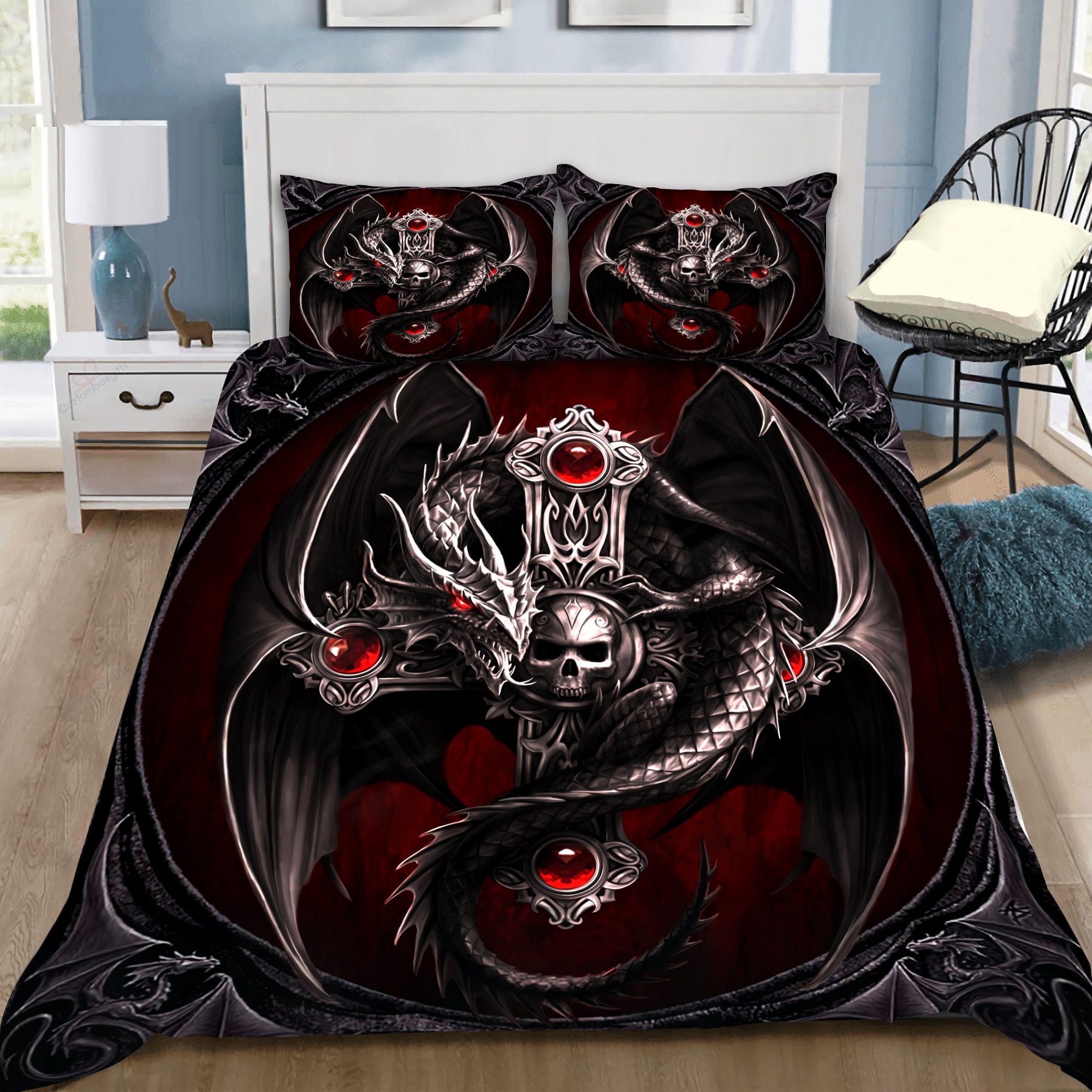 Awesome Hoodied Treble Clef And Hummingbirds Bedding Set Dragon Skull HDQ010