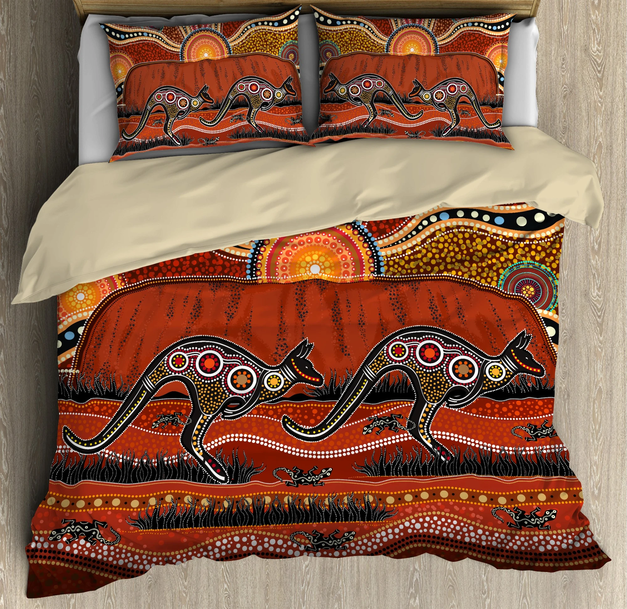 Awesome Hoodied 3D all over print Aboriginal Bedding Set, Australia Kangaroo running Lizard Art Bedding Sets NQBS0012