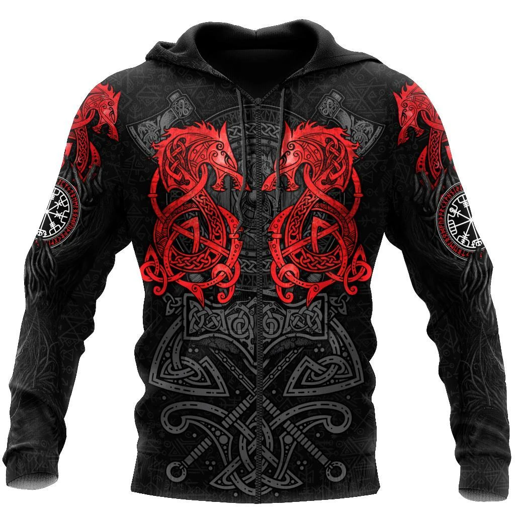Awesome Hoodie 3D All Over Print Red Fenrir Viking Wolf Tattoo - Hoodie, T-Shirt, Zip Hoodies, Sweatshirt ND275