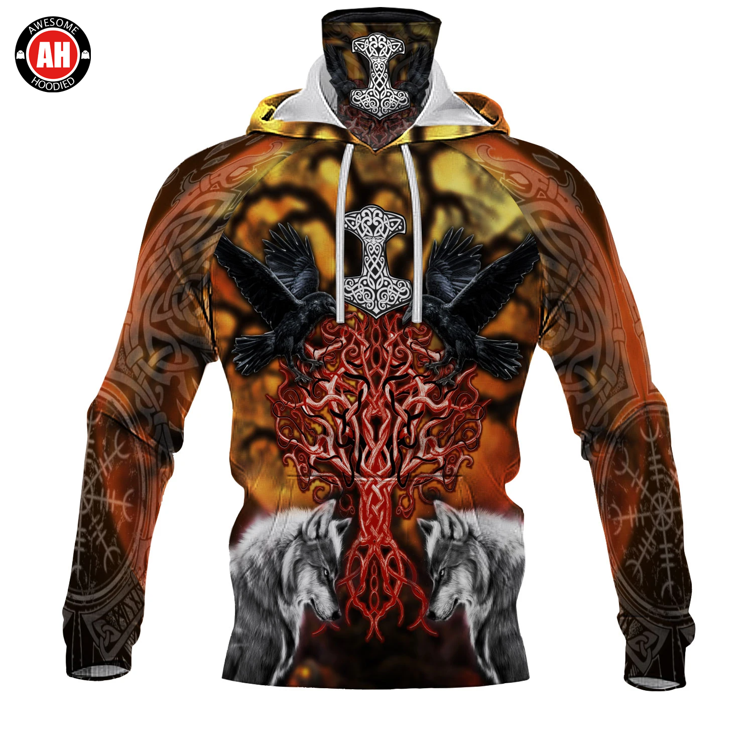 Awesome Hoodie 3D All Over Print Viking Tree Wolf Raven - Hoodie & Zip Hoodies With Gaiter ND425