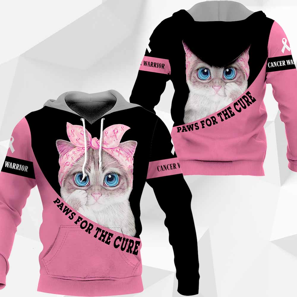 Awesome Hoodie 3D All Over Print Cat Cancer Warrior Paws For The Cure - Hoodie, T-Shirt, Zip Hoodies, Sweatshirt ND709