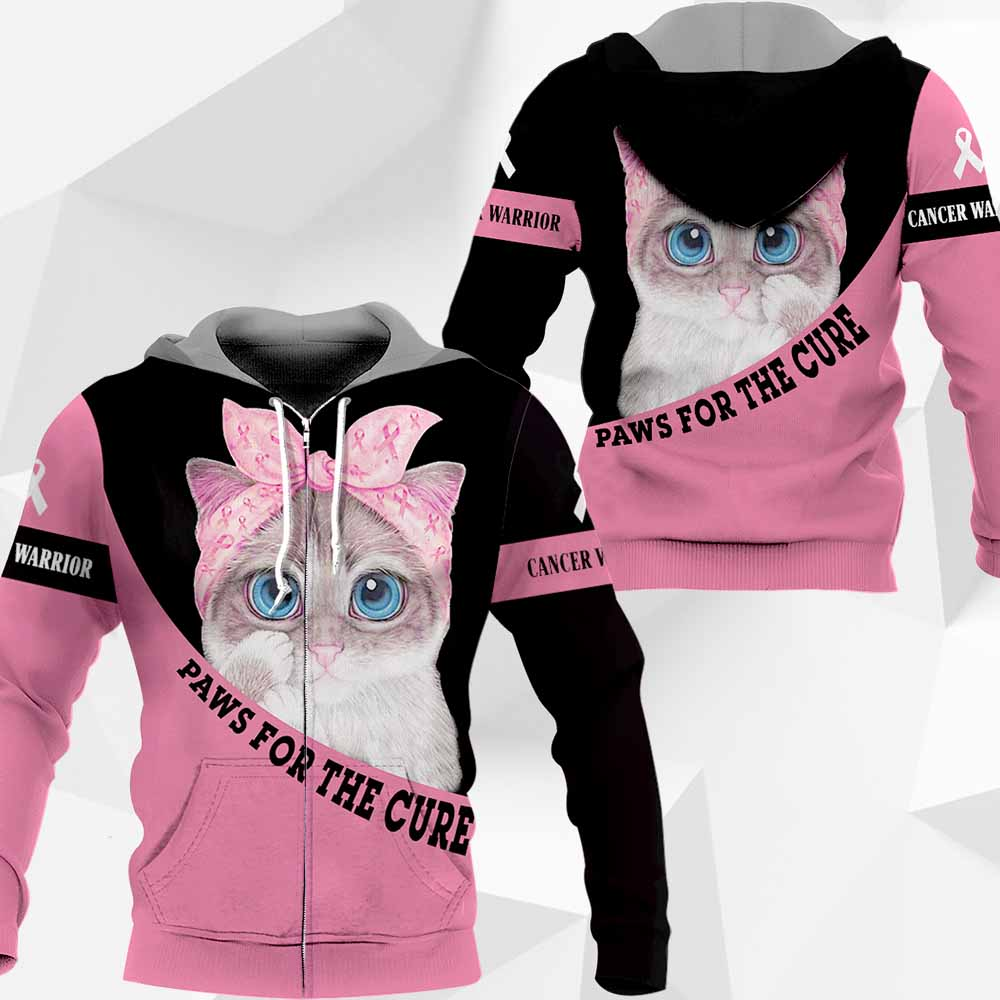 Awesome Hoodie 3D All Over Print Cat Cancer Warrior Paws For The Cure - Hoodie, T-Shirt, Zip Hoodies, Sweatshirt ND709