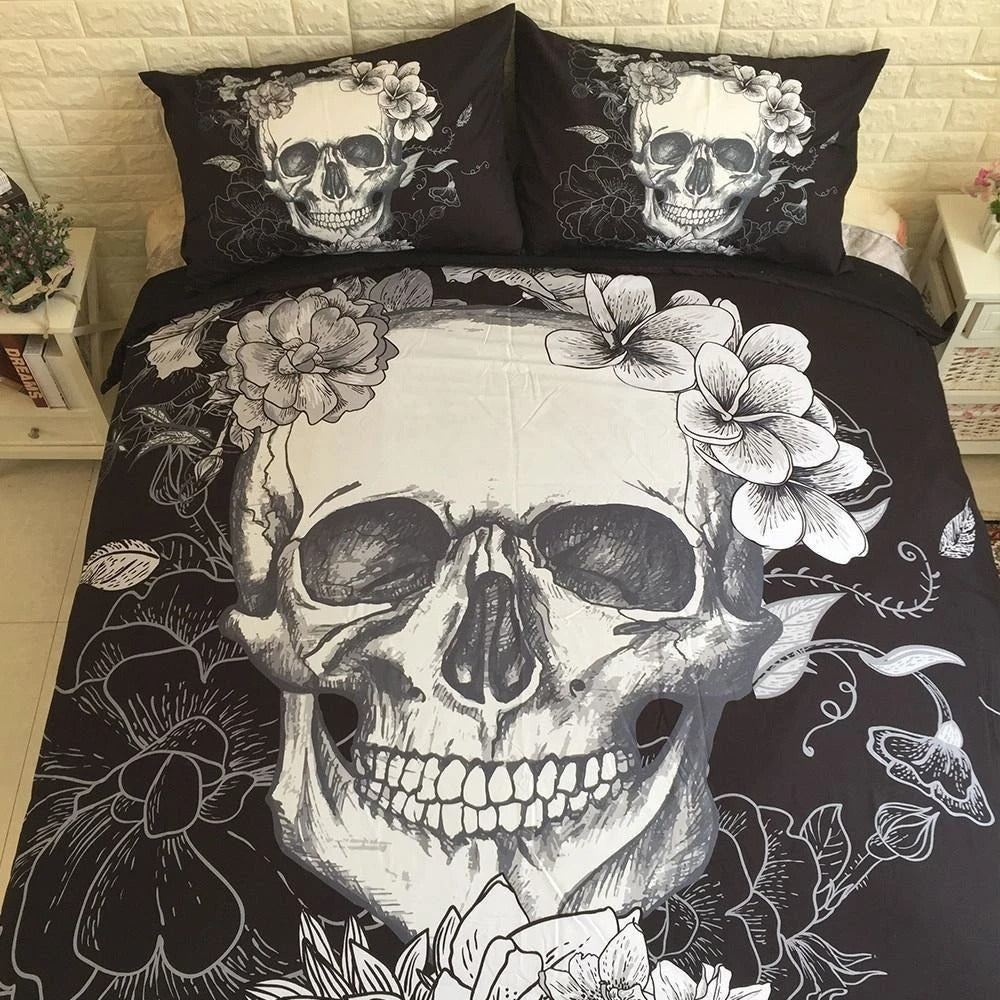 Awesome Hoodies - Black & White 3D Floral Skull Bedding Set - Cross Quilt Bedding QK31001