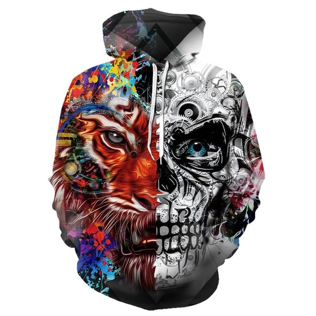 Awesome hoodie 3D All Over Print Half Face Skull Lion Hoodie for Men and Women TH036