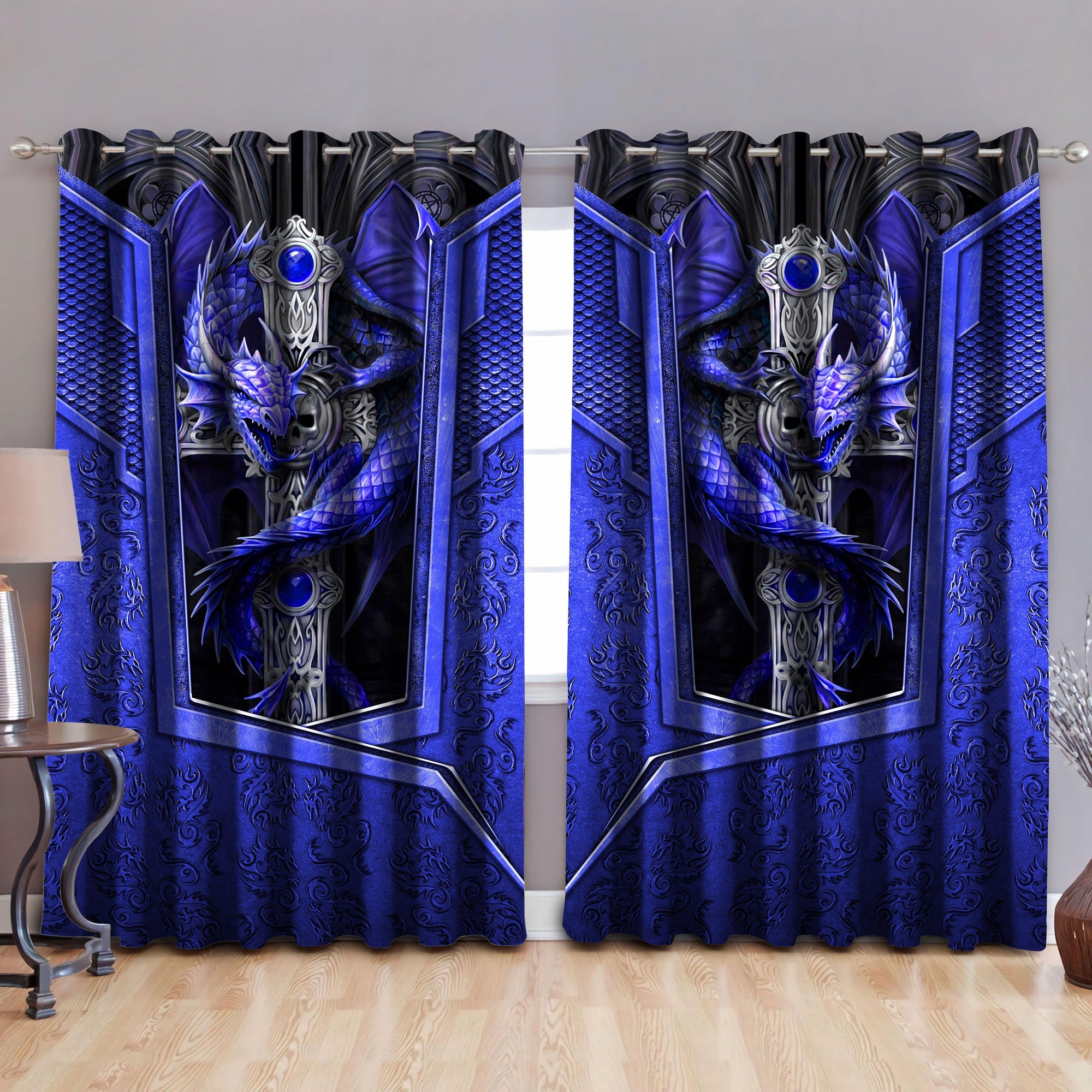 Awesome hoodied Pattern Dragon Blue All Printed 3D Grommet Window Curtains - HD06