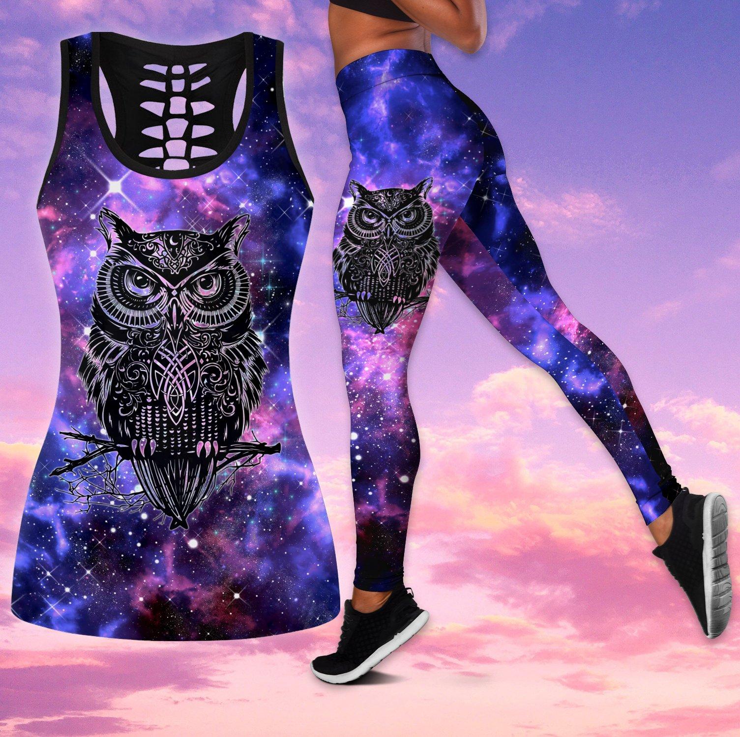 Awesome Hoodie Beautiful Purple Galaxy Owl Combo Tank Top And Legging For Women 3D All Over Printer THL008