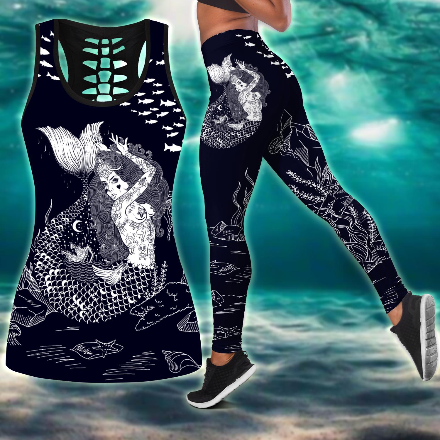 Awesome Hoodie Mermaid Tattoo Style Combo Legging + Tank For Women 3D All Over Printer THL013