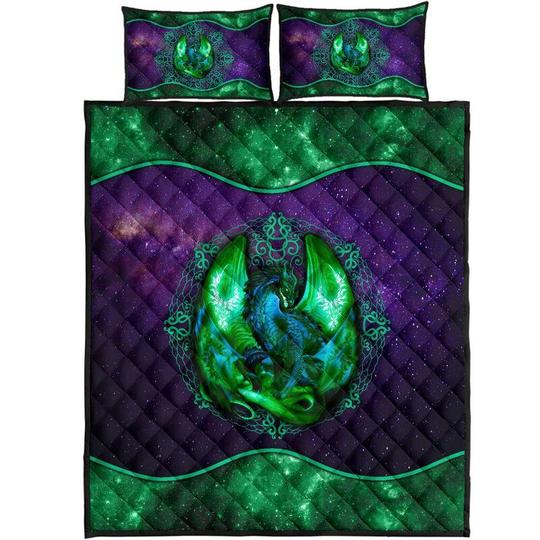 Awesome Hoodied Treble Clef And Hummingbirds Quilt Bed Set Dragon Green HDQ016