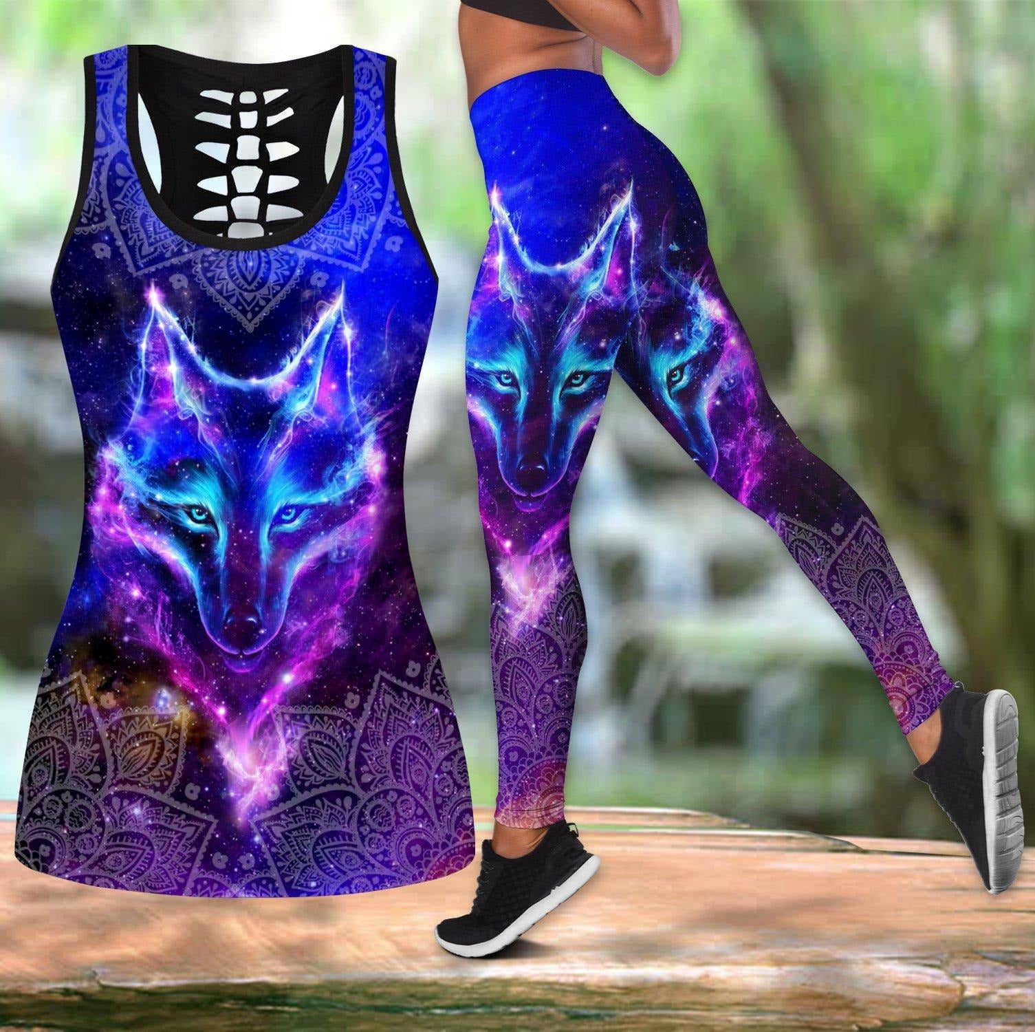 Awesome Hoodie Wolf purple legging + hollow tank combo For Women 3D All Over Printer THL019