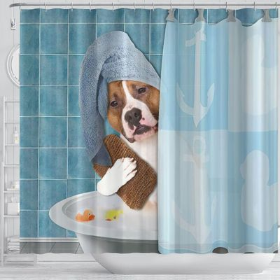 Awesome hoodied Pit Bull Takes A Shower Curtains Printed 3D Grommet Curtains - NQC0011
