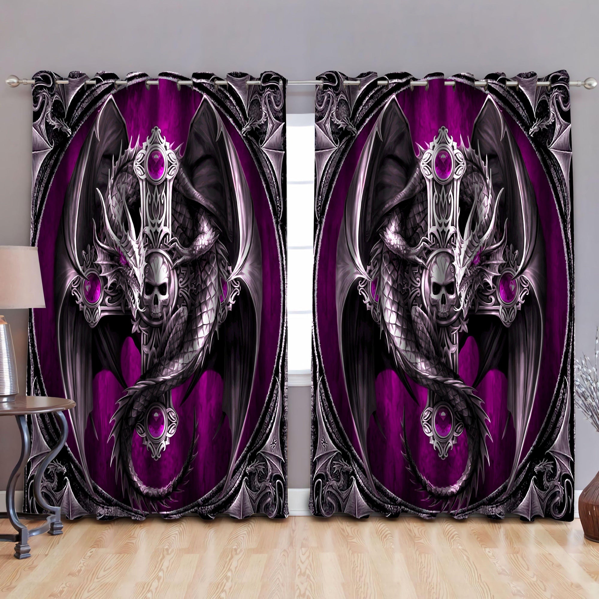 Awesome hoodied Pattern Dragon Dungeon Violet All Printed 3D Grommet Window Curtains - HD12