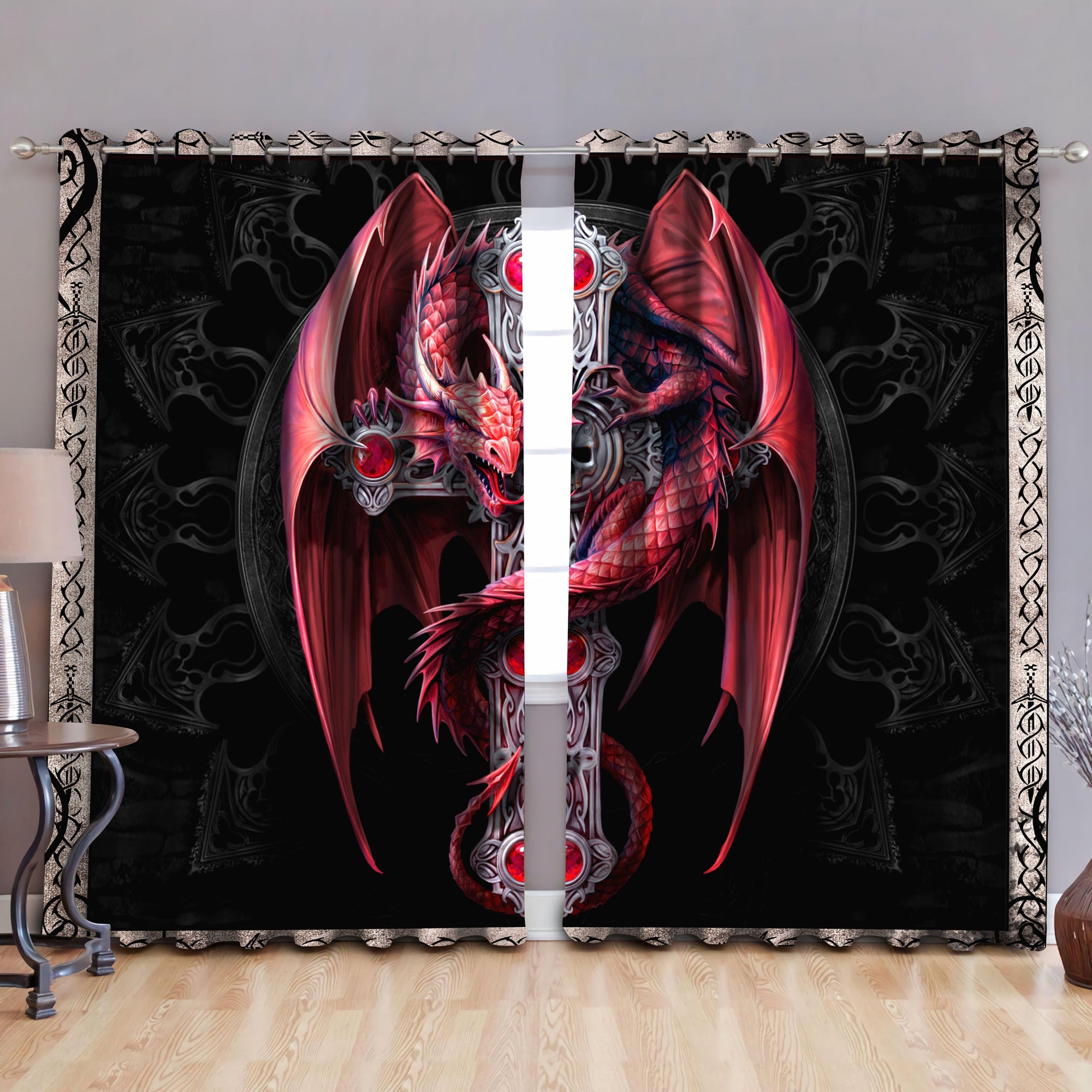 Awesome hoodied Pattern Dragon Pink All Printed 3D Grommet Window Curtains - HD08